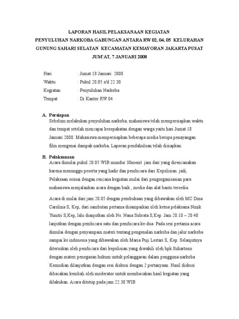 Laporan Hasil Pelaksanaan Kegiatan Penyuluhan Narkoba
