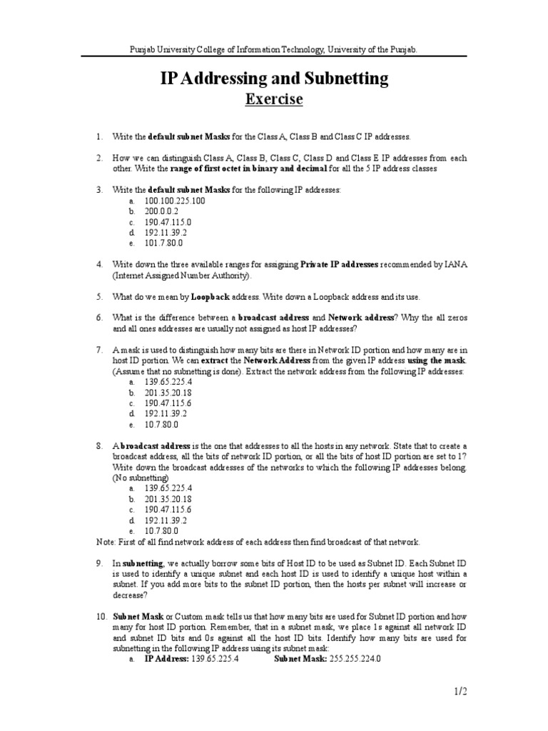IP Addressing and Subnetting Exercises | PDF | Ip Address | Network ...
