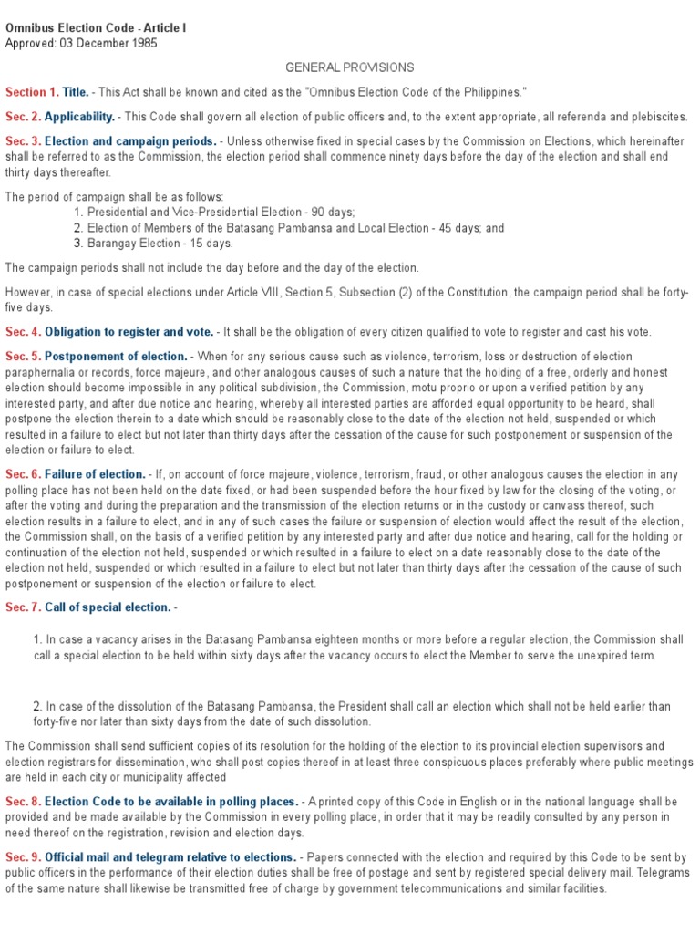 Omnibus Election Code Overview | PDF | Polling Place | Elections