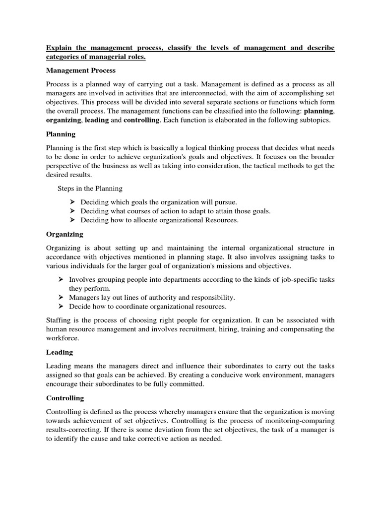 Explain The Management Process, Classify The Levels of Management and ...