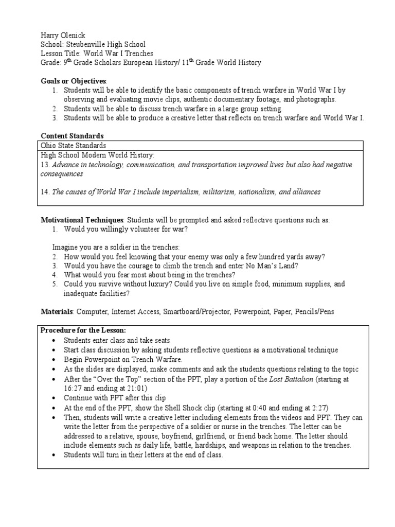 Olenick Trench Warfare Lesson Plan Trench Warfare World War I