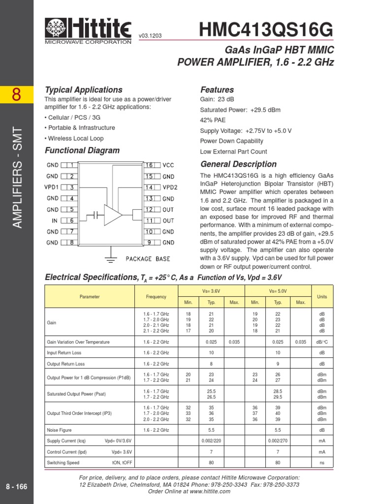 Hmc413qs16g Gaas Mmic Power Amplifier Pdf Amplifier Printed