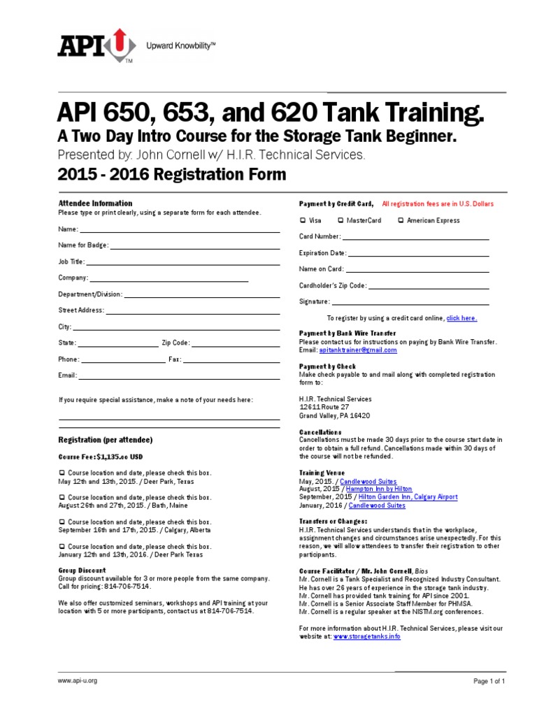 API Tank Training Registration Form | PDF | Credit Card | Payments