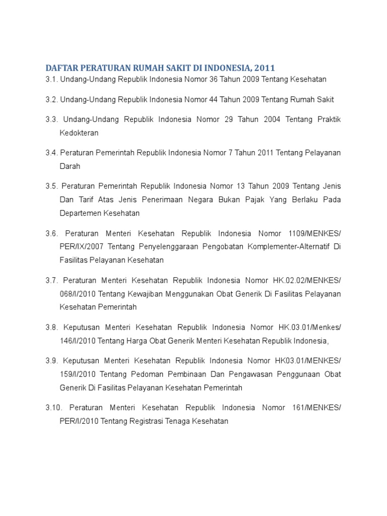 Daftar Peraturan Rumah Sakit Di Indonesia
