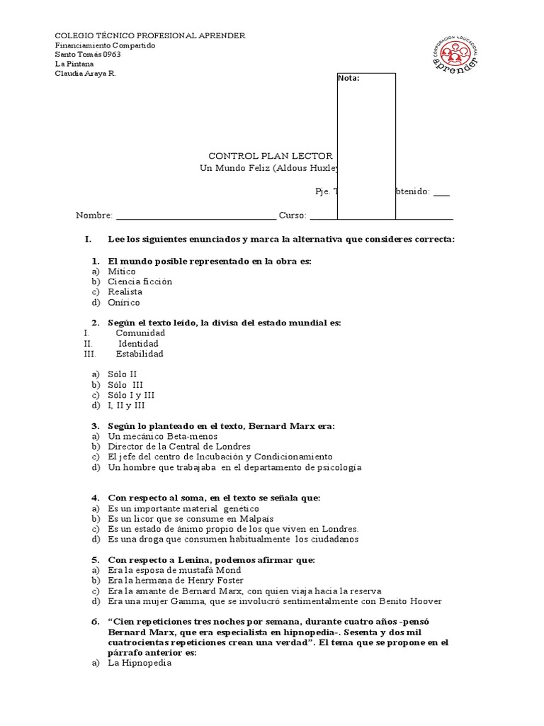 Prueba de comprensión: Un Mundo Feliz | PDF | Dios | Felicidad