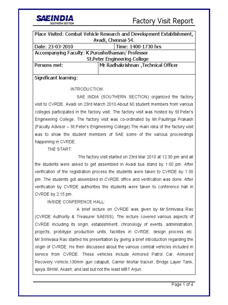 CVRDE Avadi Factory Visit Report | PDF | Tanks | Transmission (Mechanics)