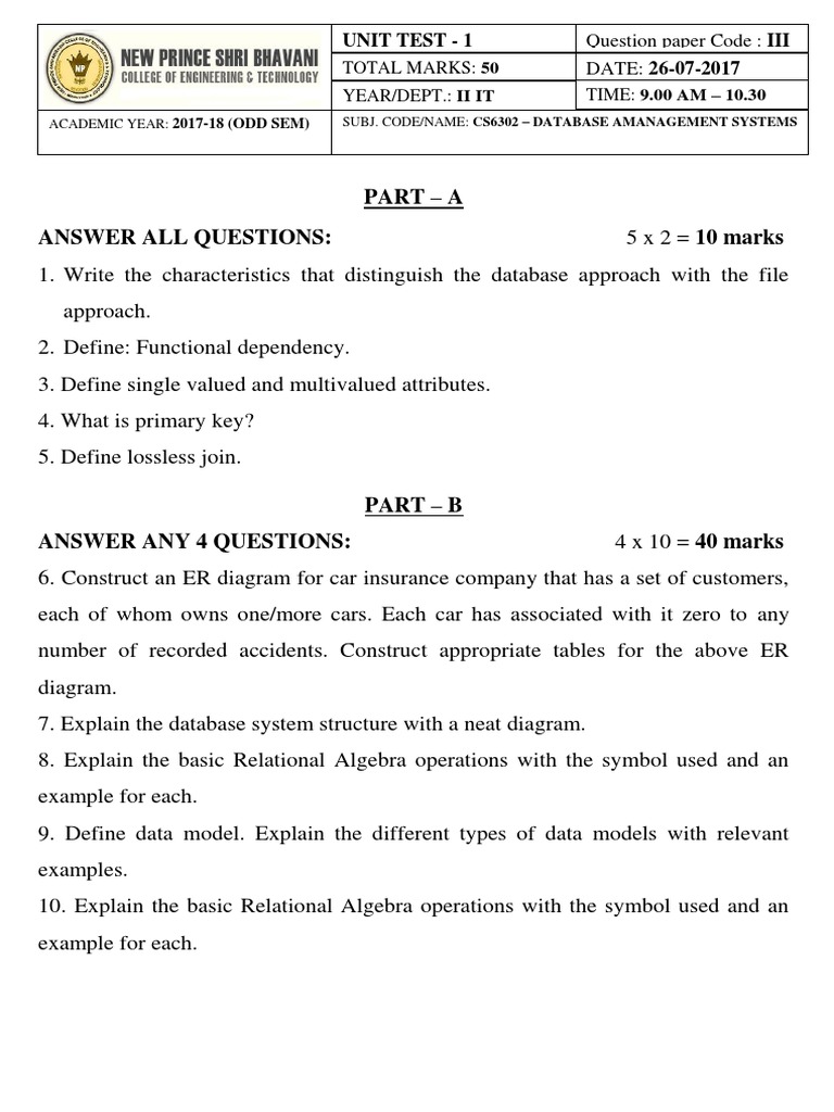 Part - A Answer All Questions:: Unit Test - 1 | PDF | Data Model ...