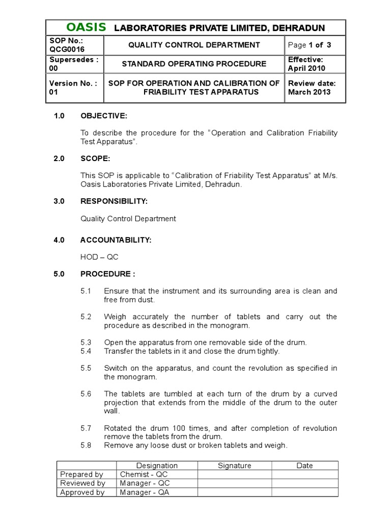 SOP for Friability Test Apparatus | PDF | Calibration