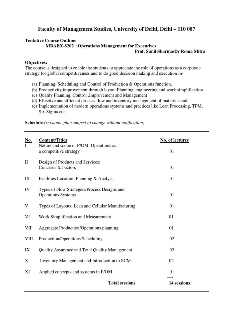 Operations Management Course Outline | PDF | Quality Assurance ...