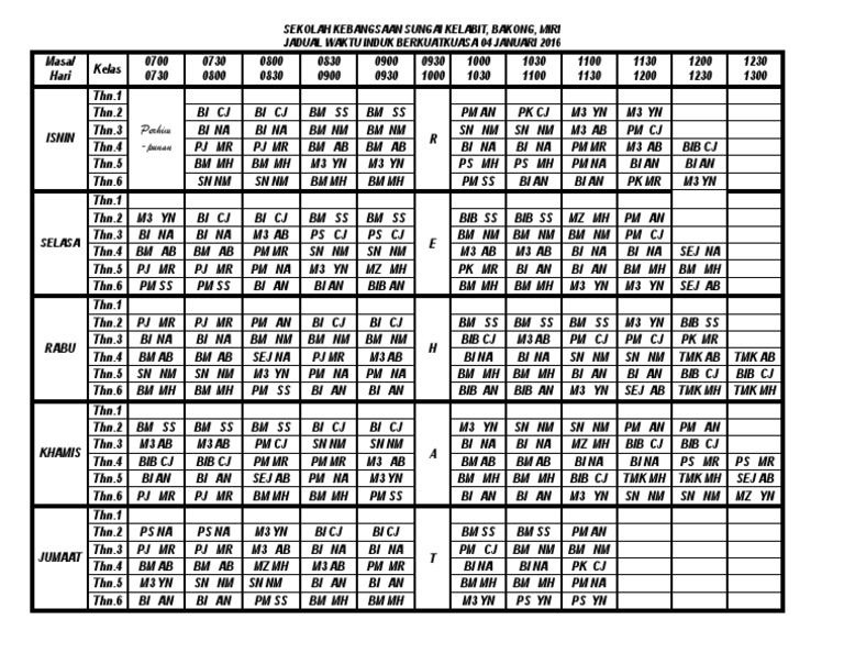 SK Sungai Kelabit 2016 Timetable | PDF