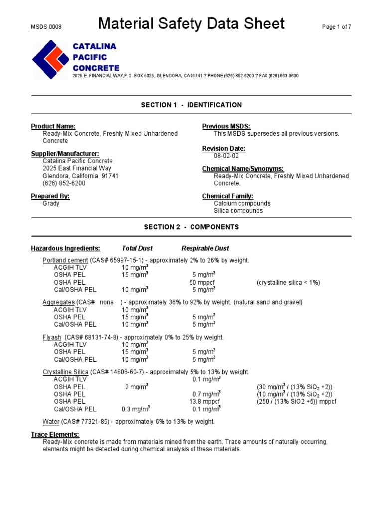 Msds Ready Mixed Concrete | Dangerous Goods | Concrete