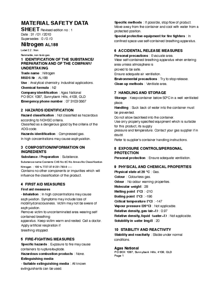 Nitrogen Msds PDF Chemistry Safety