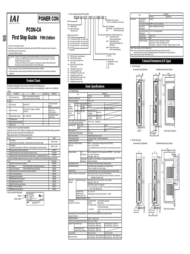 PCON-CA Controller First Step Guide | PDF | Electrical Connector | Screw