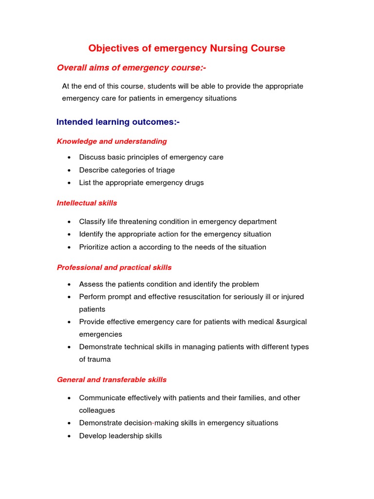 Objectives of emergency Nursing Course