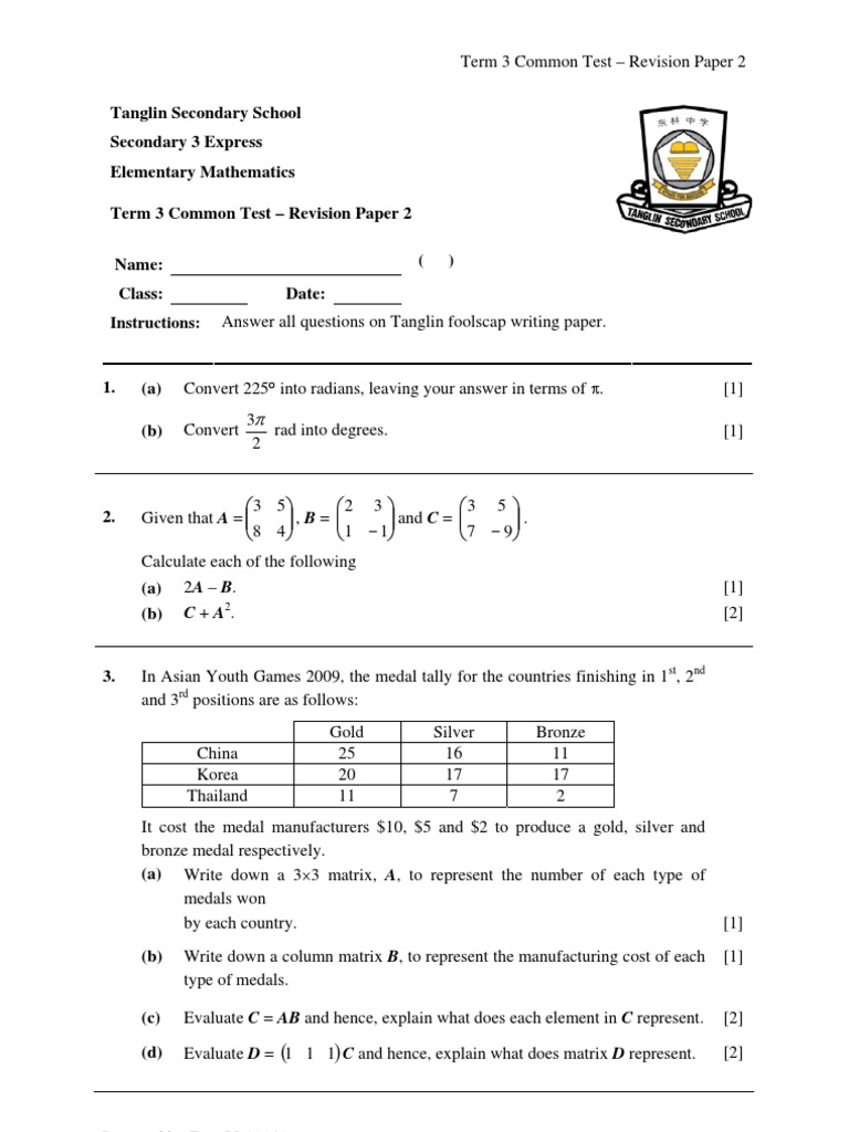 3 EM Term 3 Common Test - Revision Paper - 2 | PDF | Elementary ...