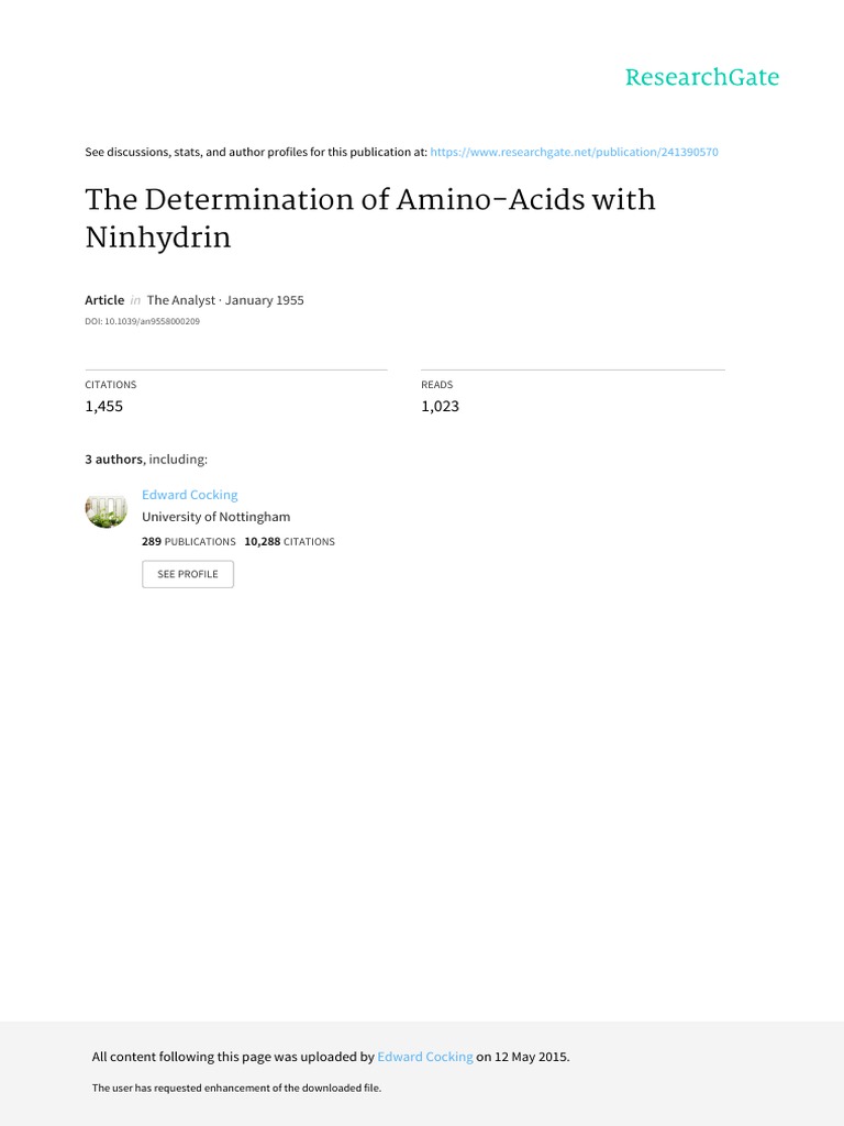 The Determination of AminoAcids With Ninhydrin PDF Amino Acid