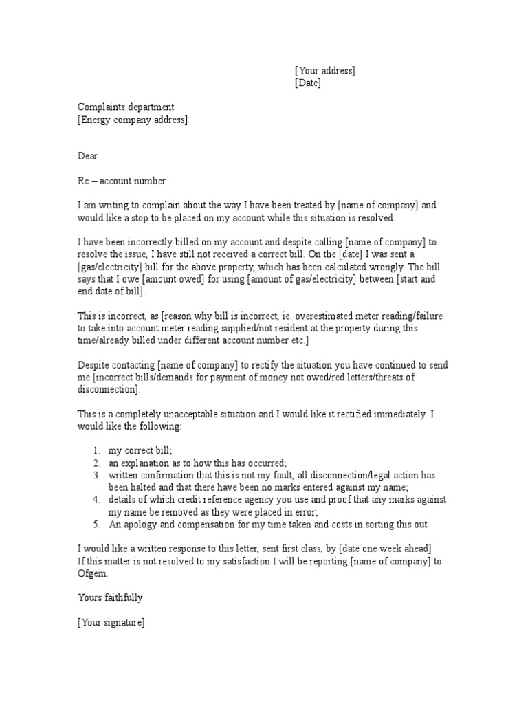 Energy Company Complaint Letter  PDF