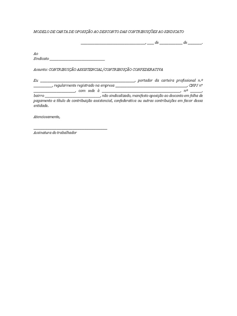 Modelo de Carta de Oposição Ao Desconto Das Contribuições Ao Sindicato