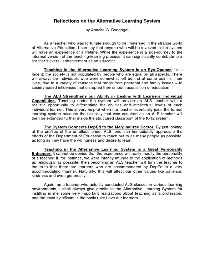 Reflections On The Alternative Learning System | PDF | Teachers ...
