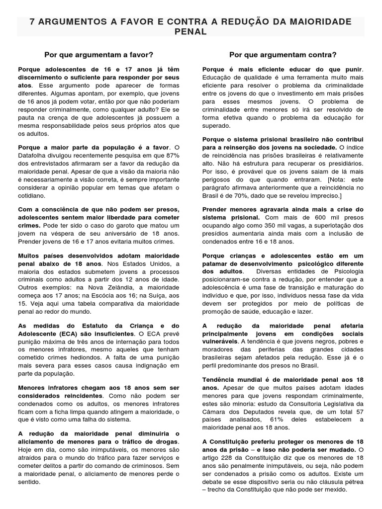 Argumentos A Favor Da Reducao Da Maioridade Penal Brainly