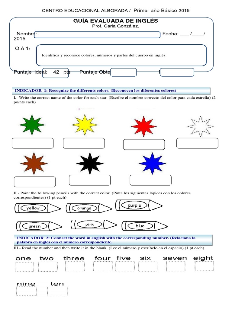 Evaluación de Colores y Cuerpo en Inglés | PDF