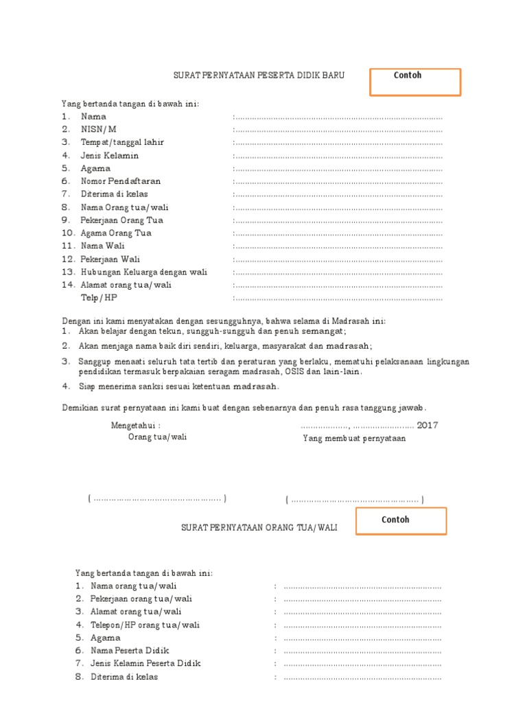 Contoh Surat Pernyataan Peserta Didik Baru Dan Orang Tua Wali Untuk PPDB