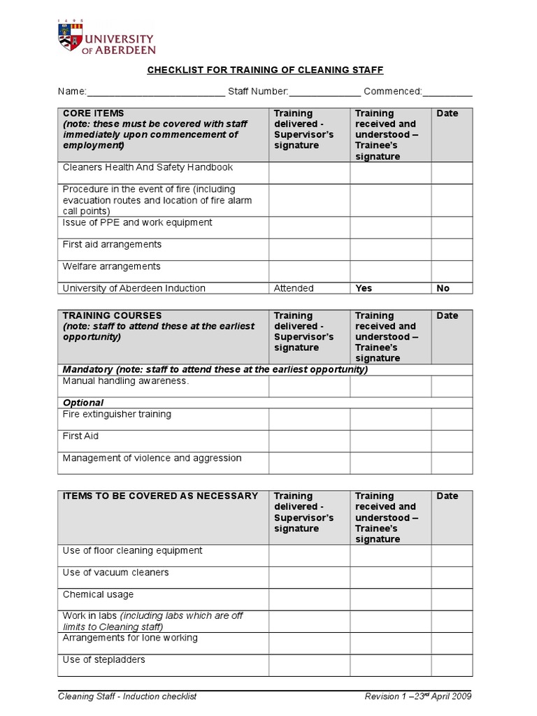 Cleaning Staff Induction Checklist Rev 1 23rd April 2009 Prevention Safety