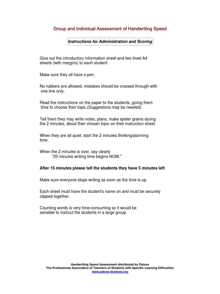 Handwriting Speed Assessment Pa Toss | Download Free PDF | Test ...