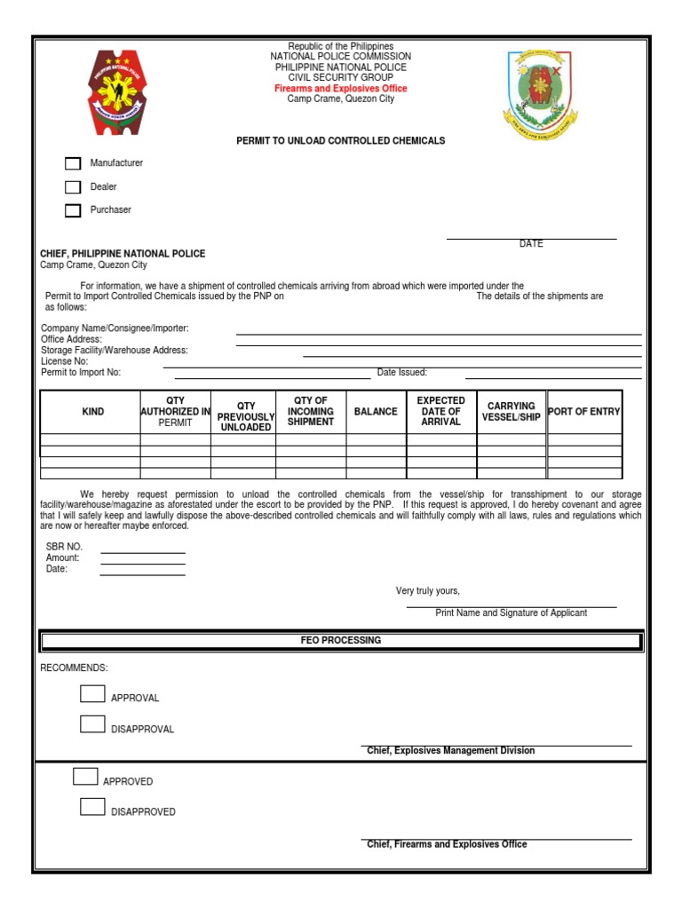 Sample Copy of Permit To Unload Controlled Chemicals1 PDF Warehouse