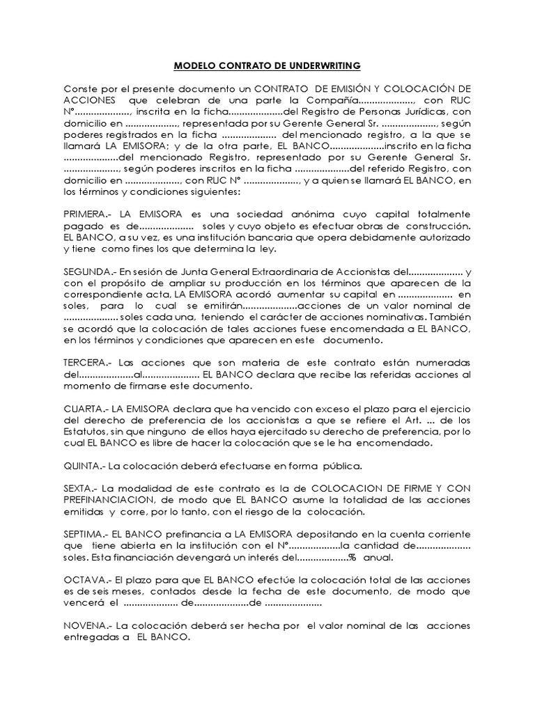 Modelo Contrato de Underwriting | PDF | Compartir (Finanzas) | Bancos