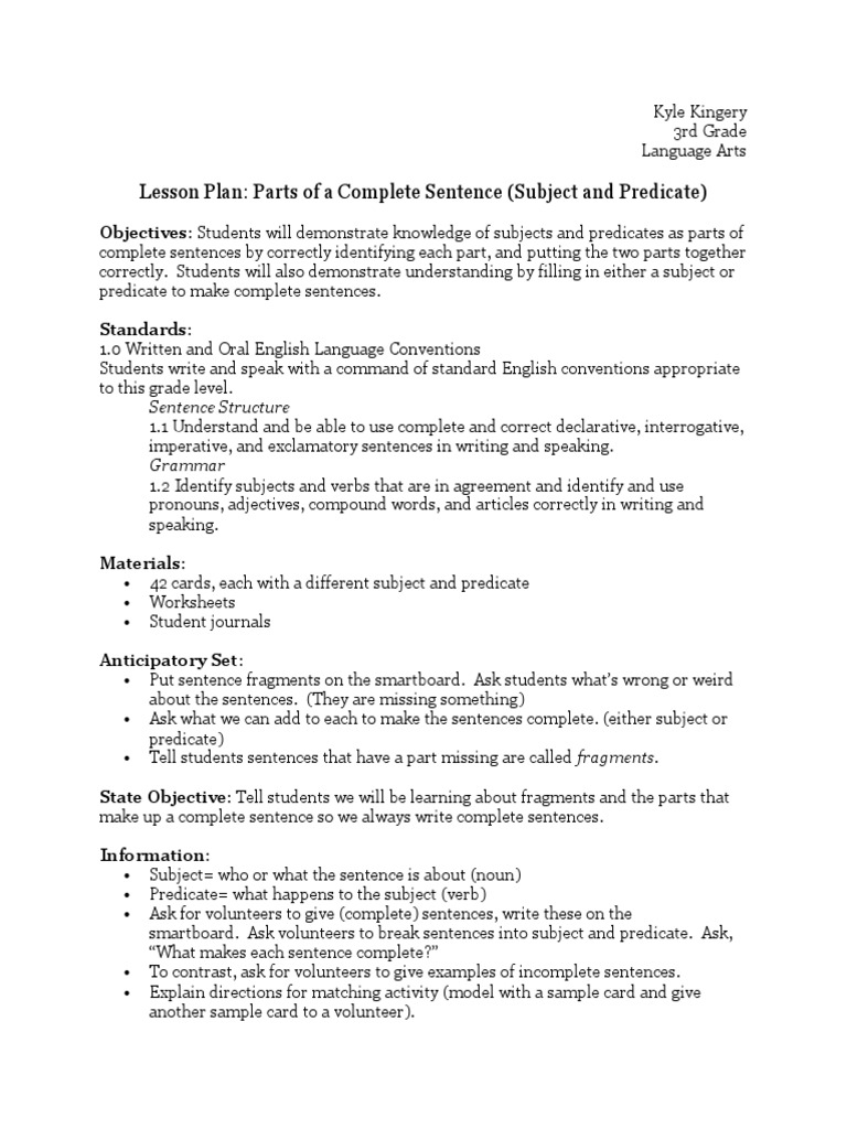 worksheet Complete Subject And Predicate Worksheets tech lesson plan 1 subject grammar predicate grammar
