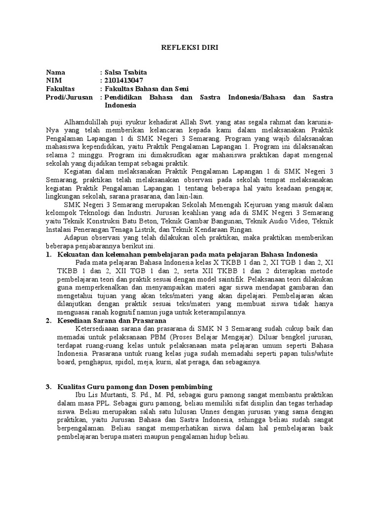 Contoh Jurnal Refleksi Diri Revisi Id