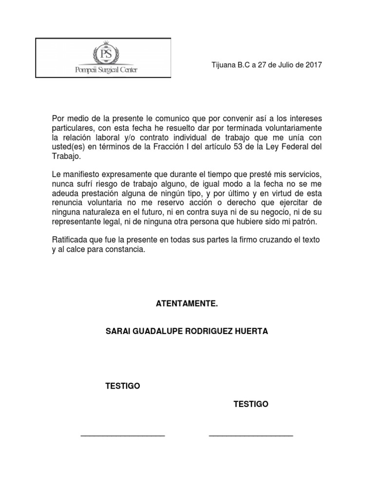 Renuncia Voluntaria En La Ley Federal Del Trabajo - Para 