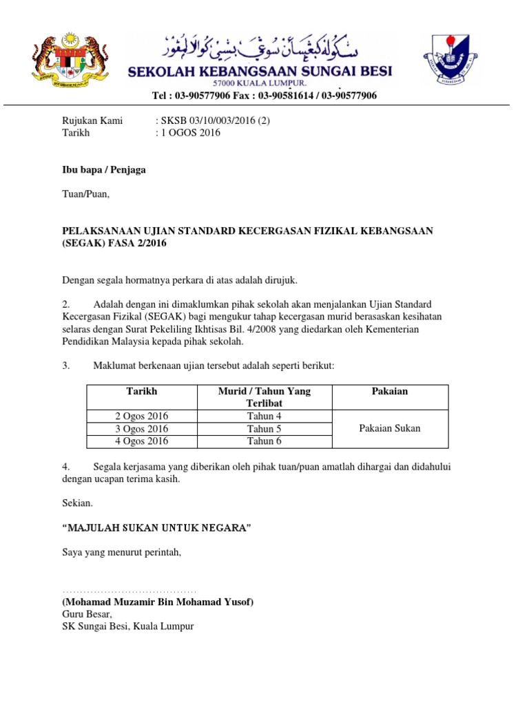 Surat Makluman Perkhemahan Kepada Ibu Bapa