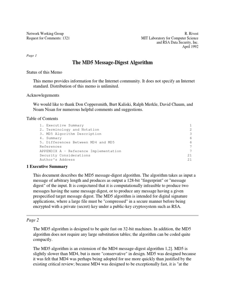 The MD5 Message-Digest Algorithm | PDF