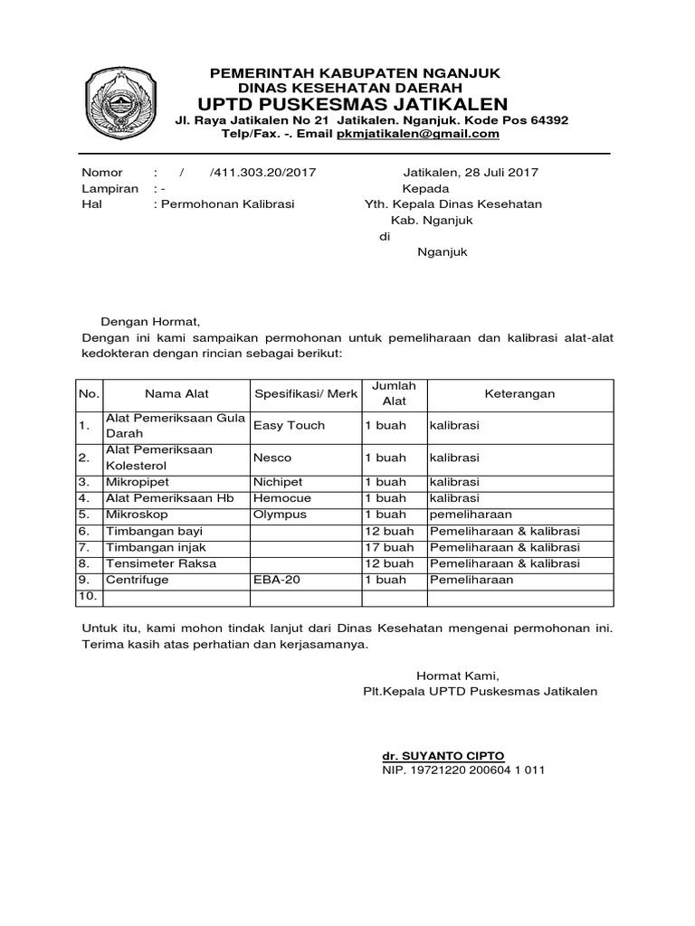 Contoh Surat Permohonan Kalibrasi Alat Laboratorium Berbagai Alat