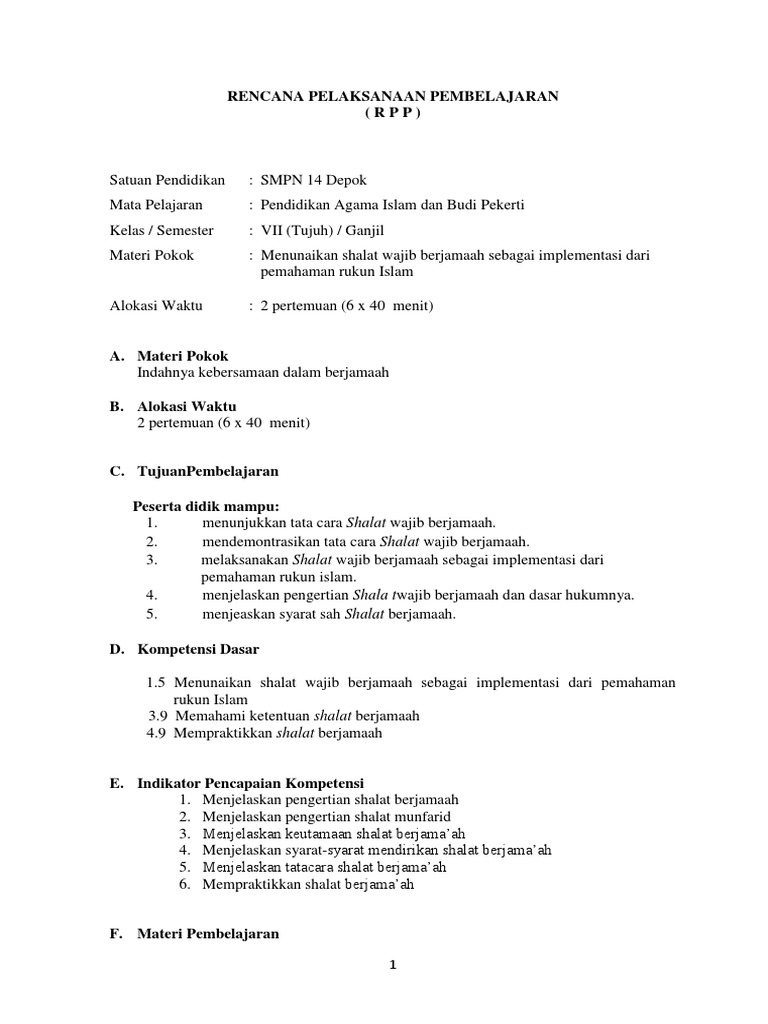 Rpp Bab 5 Shalat Berjamaah