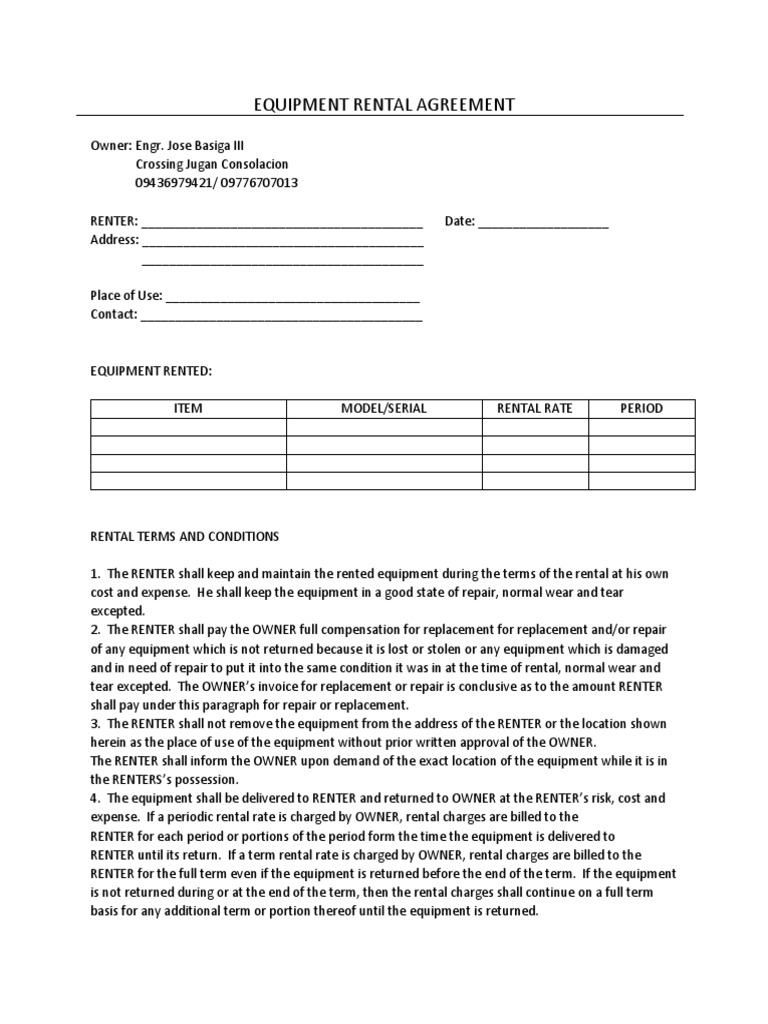 Equipment Rental Agreement Outlining Terms and Conditions for Renter ...