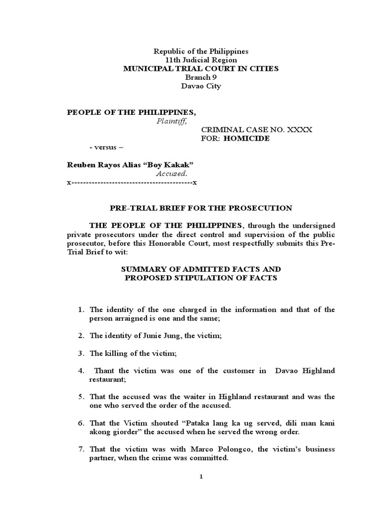 Pre-Trial Brief: Homicide Case Davao City | PDF | Prosecutor | Criminal ...