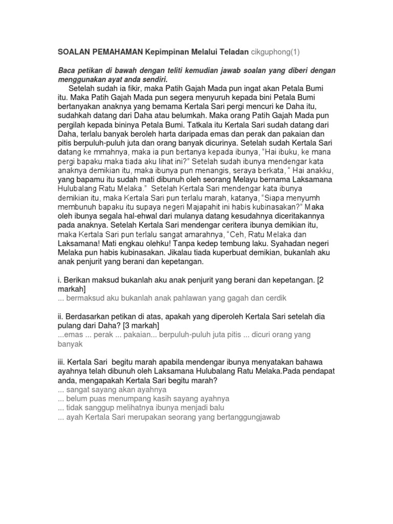 Soalan Pemahaman Kepimpinan Melalui Teladan Cikguphong Pdf