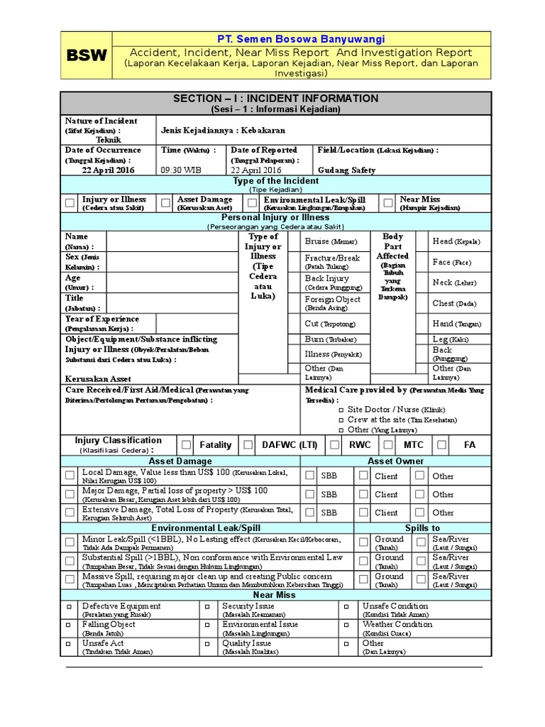 Form Laporan Kecelakaan Kerja Pdf - Riset