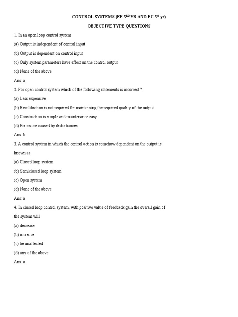 Control Systems Mcqs First Two Units Ee and Ec Third Year PDF