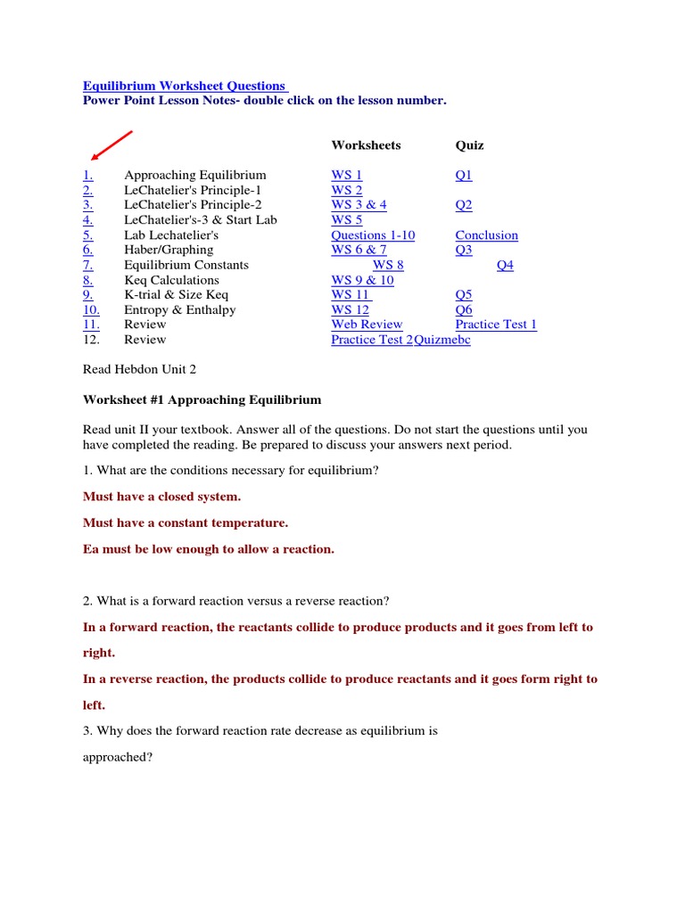 Le Chatelier Equilibrium Worksheet Questions Chemical Equilibrium Reaction Rate