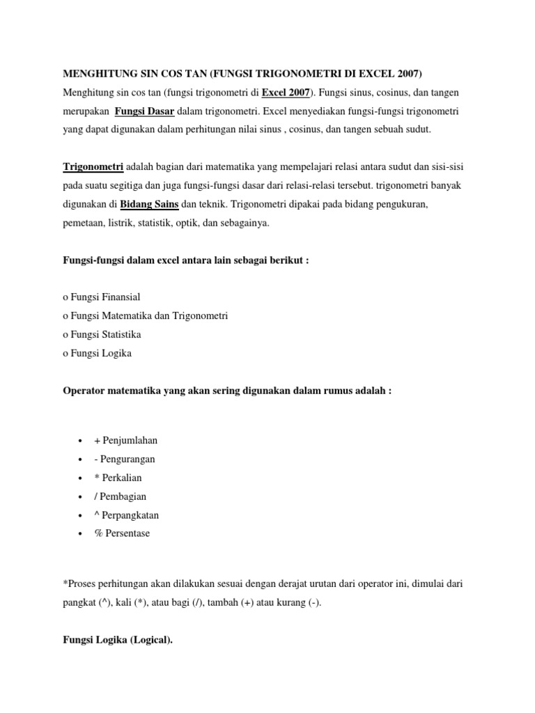 Trigonometri Di Excel 2007 Pdf Sains Matematika Teknologi