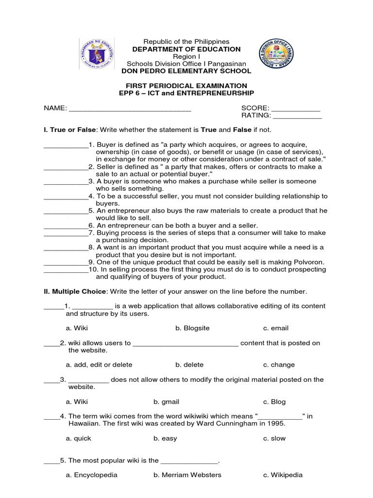 Epp 6 Ict and Entrepreneurship First Periodical Test Questions With