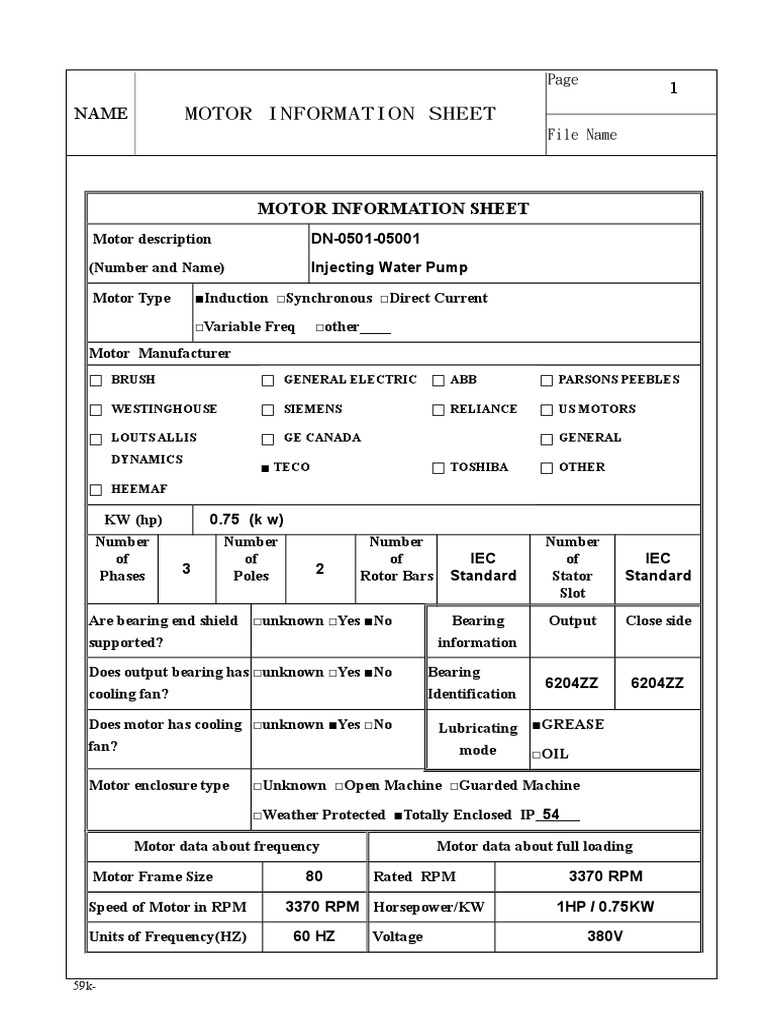 Motor Data Sheet Electric Motor Electrical Engineering