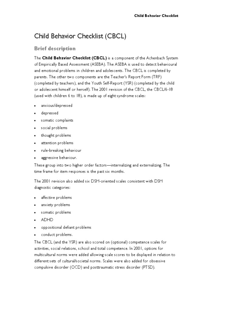 Child Behavior Checklist Overview | PDF | Attention Deficit ...
