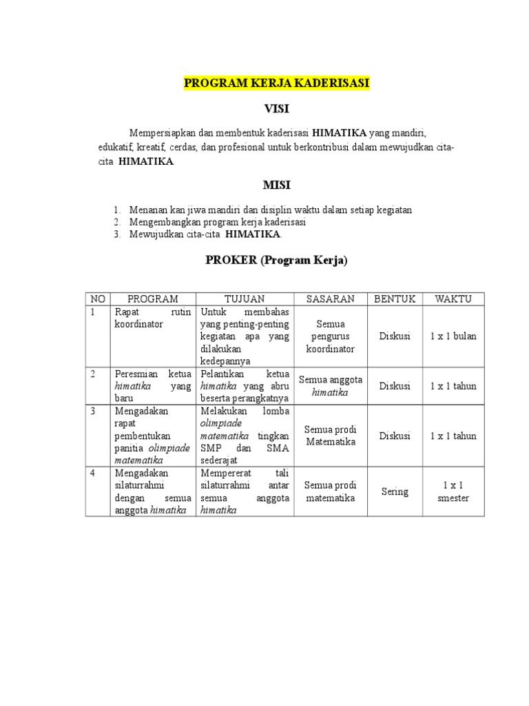 Program Kerja Kaderisasi | PDF