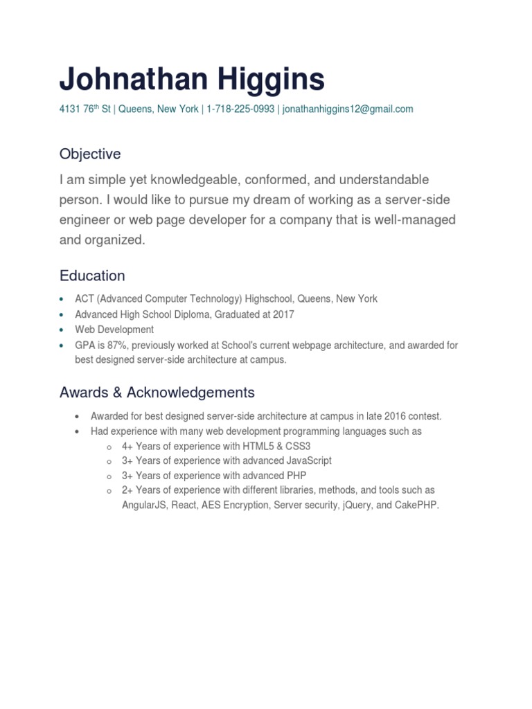 Jonathan Higgins Public Resume 2017 Pdf Web Page Web Development