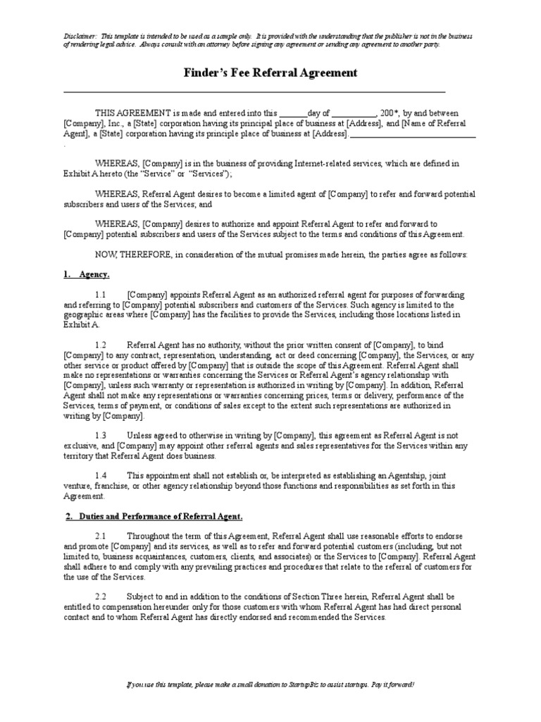 Finder's Fee Referral Agreement Breach Of Contract Property